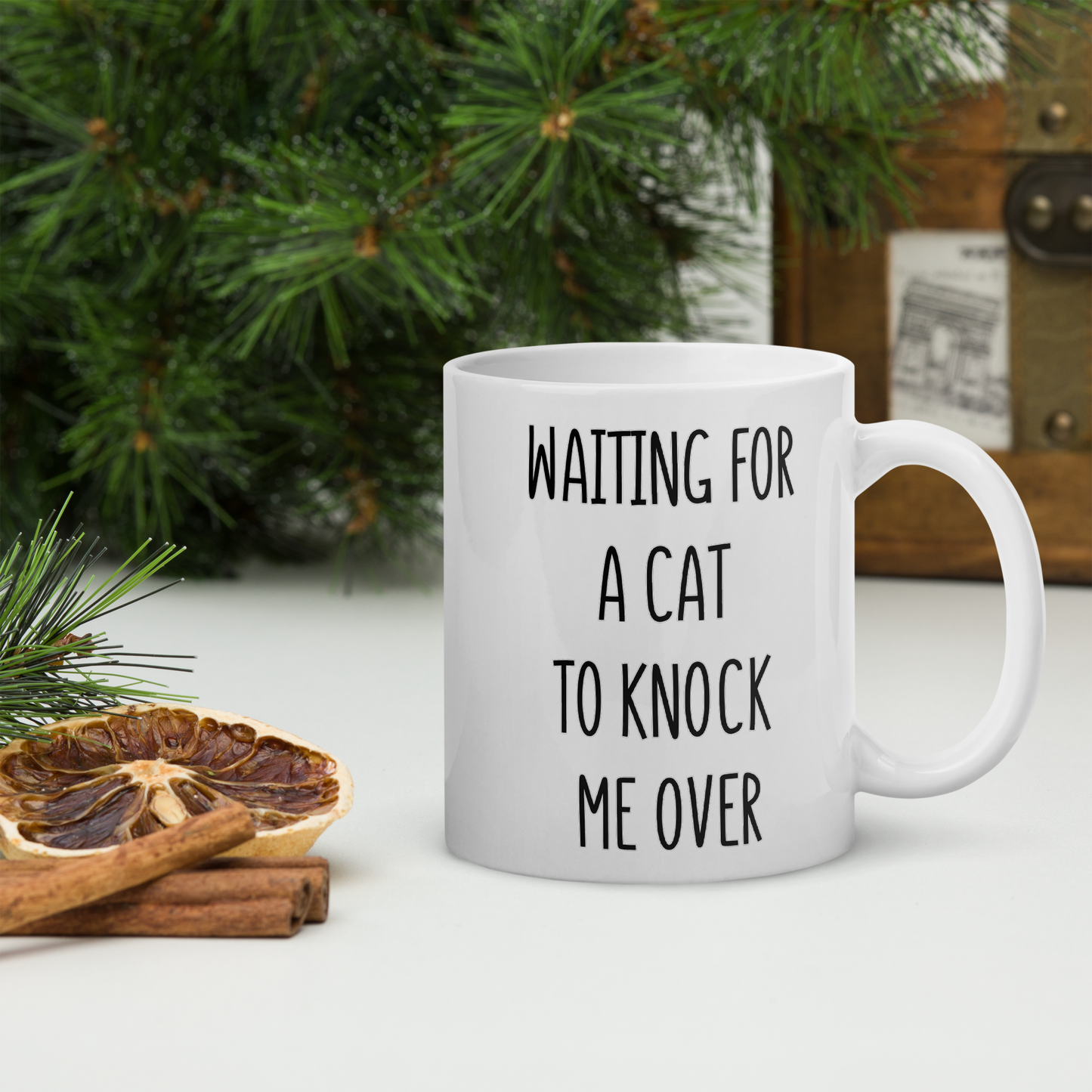 Waiting for my cat to knock me over - Funny Cat Themed Coffee Mug - Mothers Day Gift Mug